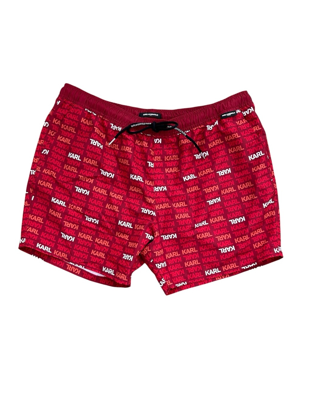 Karl Lagerfeld Paris Red All-Over Logo Swim Trunks Drawstring Pockets Size XXL